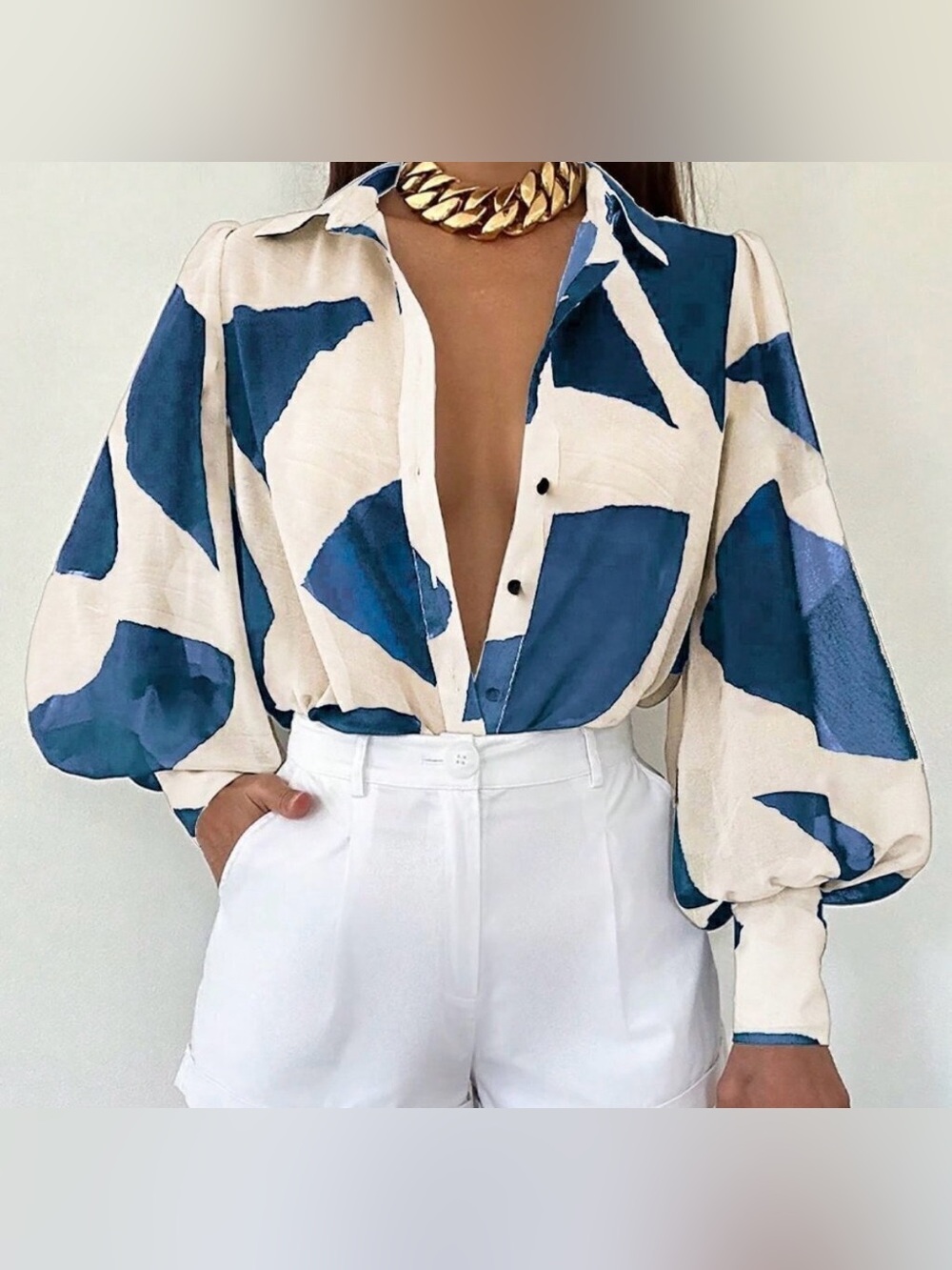 Blue Casual Women's Long Sleeve Allover Print Blouse Shirt